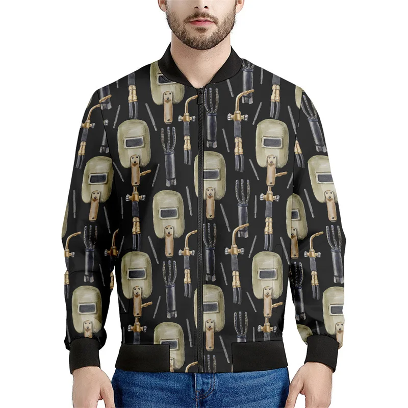 thumbnail image 1 of Chaquetas con patrón de soldadura industrial para hombre, sudadera de manga larga con estampado 3D, chaqueta bomber con cremallera de gran tamaño y estilo urbano, 1 of 4