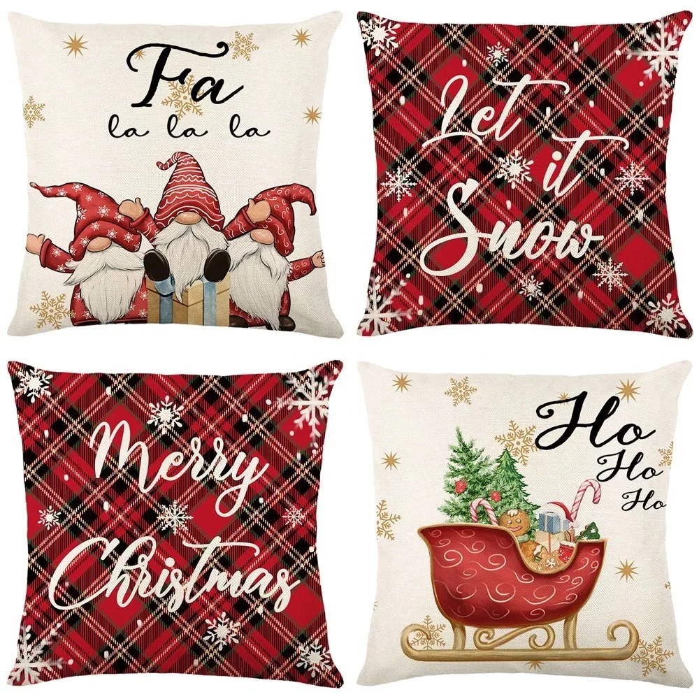 Description Picture 6 of item4pcs, Red Christmas Pillow Covers Christmas Decor Wreath Santa Claus Tree Holly Jolly Winter Holiday Decor Cushion Case For Home