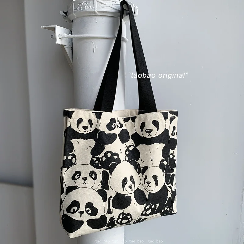 Cute Panda Canvas Bag Women's Shoulder Chinese Style Large Capacity Zipper Canvas Bag Handheld Shopping Double sided Print