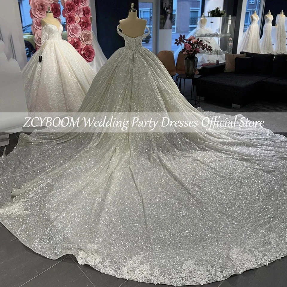 Customized V-Neck Shiny Off The Shoulder Appliques Wedding Dress 2026 Ball Gown Floor Length Sweep Train Lace Up Bridal Gown
