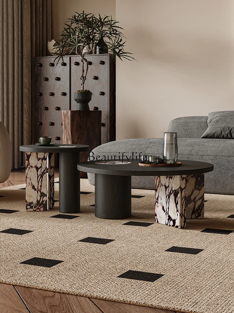 

Minimalist Stone Plate round Tea Table Living Room Home Solid Wood Tea Table