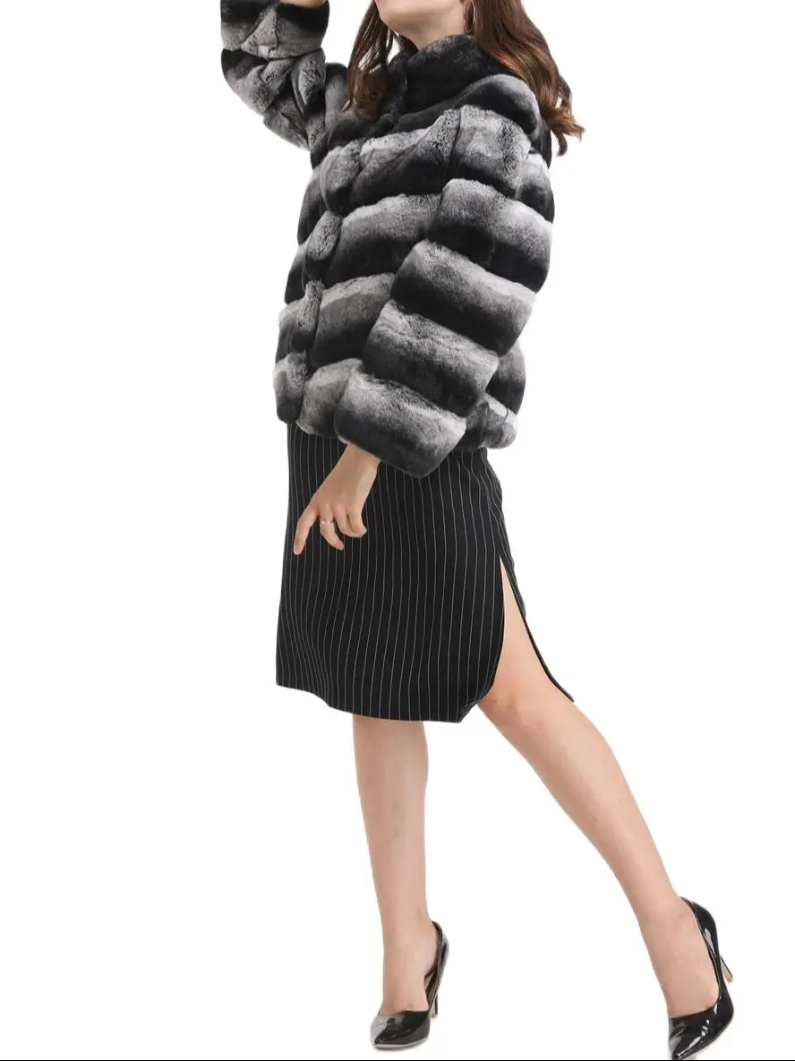 Contrasting colors striped rex rabbit fur lapel chinchilla coat  1907003