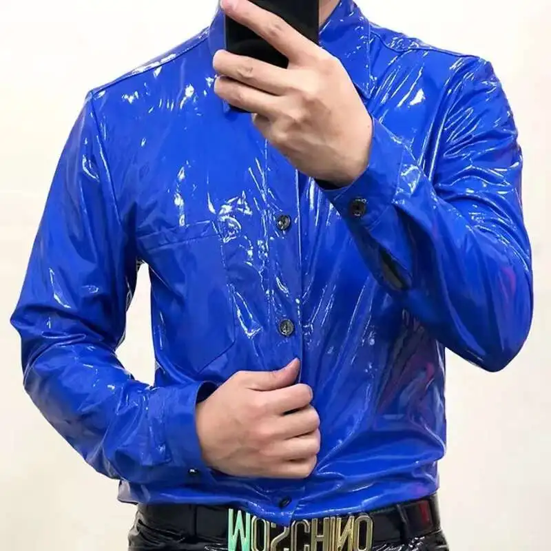 15 Colors Mirror Reflective ShinnyLeather Shirt Men's Slim Fit Shirt Night Club Performance Dress PU Leather Strechy
