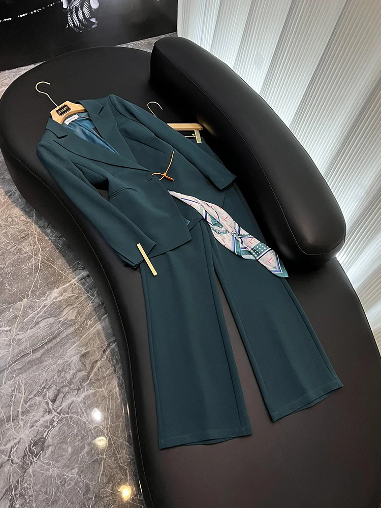 

Elegant Style All Seasons Lady Office Basic Solid Suit Single Button Slim Fitted Blazer Loose Flared Pants Women 2Pcs