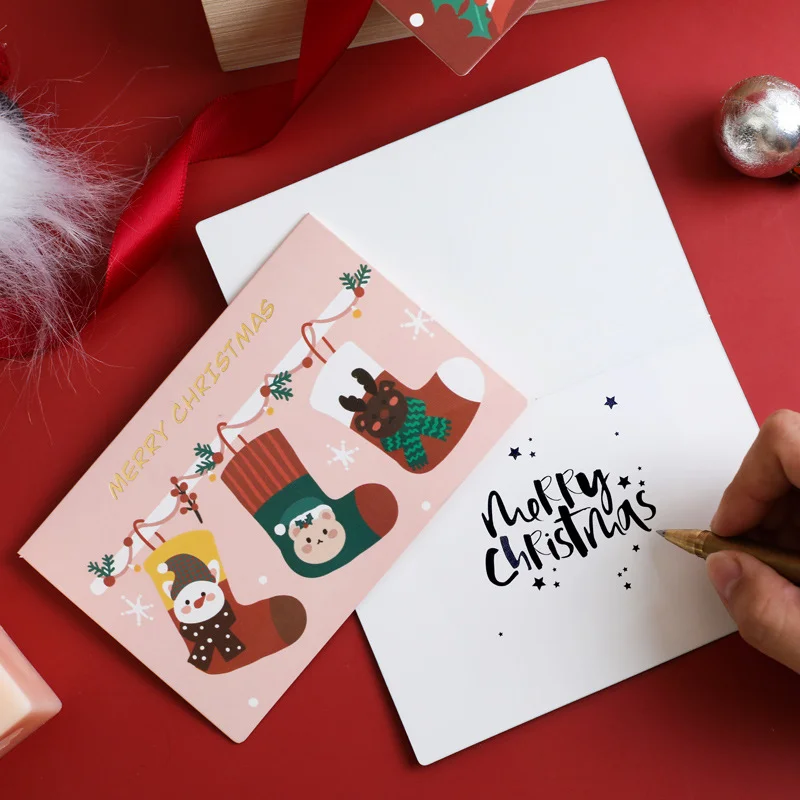 10PCS Christmas cartoon greeting card, gift decoration card, Christmas Eve thank you greeting card with envelope, random style