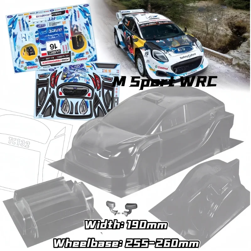 Coque de voiture RC 1/10 WRC Rally vue de côté, profil aérodynamique en polycarbonate
