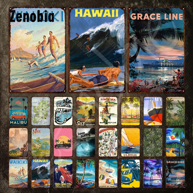 

Travel Tin Sign City Names and Landscape Vintage Metal Plaque Hawaii Waikiki Metal Poster Sign Wall Stickers Home Wall Decor