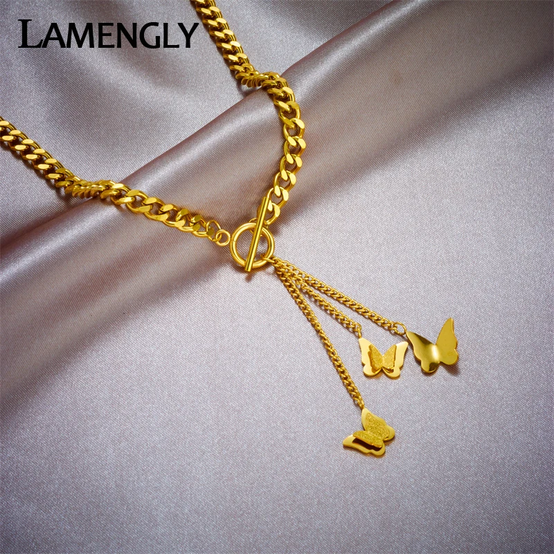 

LAMENGLY 316L Stainless Steel Gold Color Butterfly Charm Necklace For Women Girl Fashion Choker Chain Anti-rust Jewelry Gift