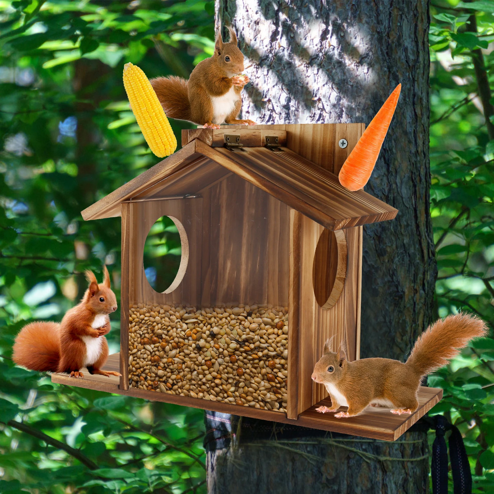 Wooden Squirrel Feeder Bird Feeder Outdoor Garden Creative Pet Dining Table with Roof Squirrel Feeding Stations for Corn Peanuts