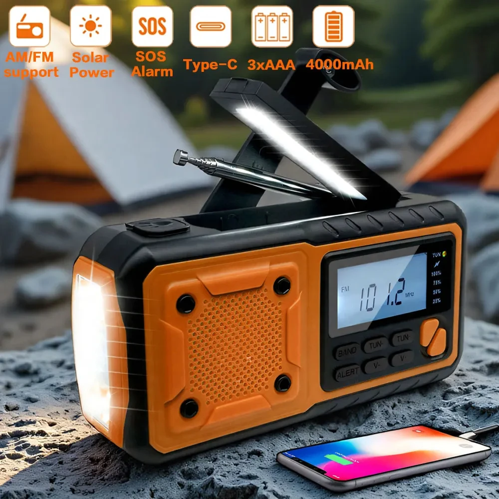 Solar Power Radio Portable Emergency Hand Crank Charging AM/FM Weather Radio Led Reading Flashlight Bank Phone Charger