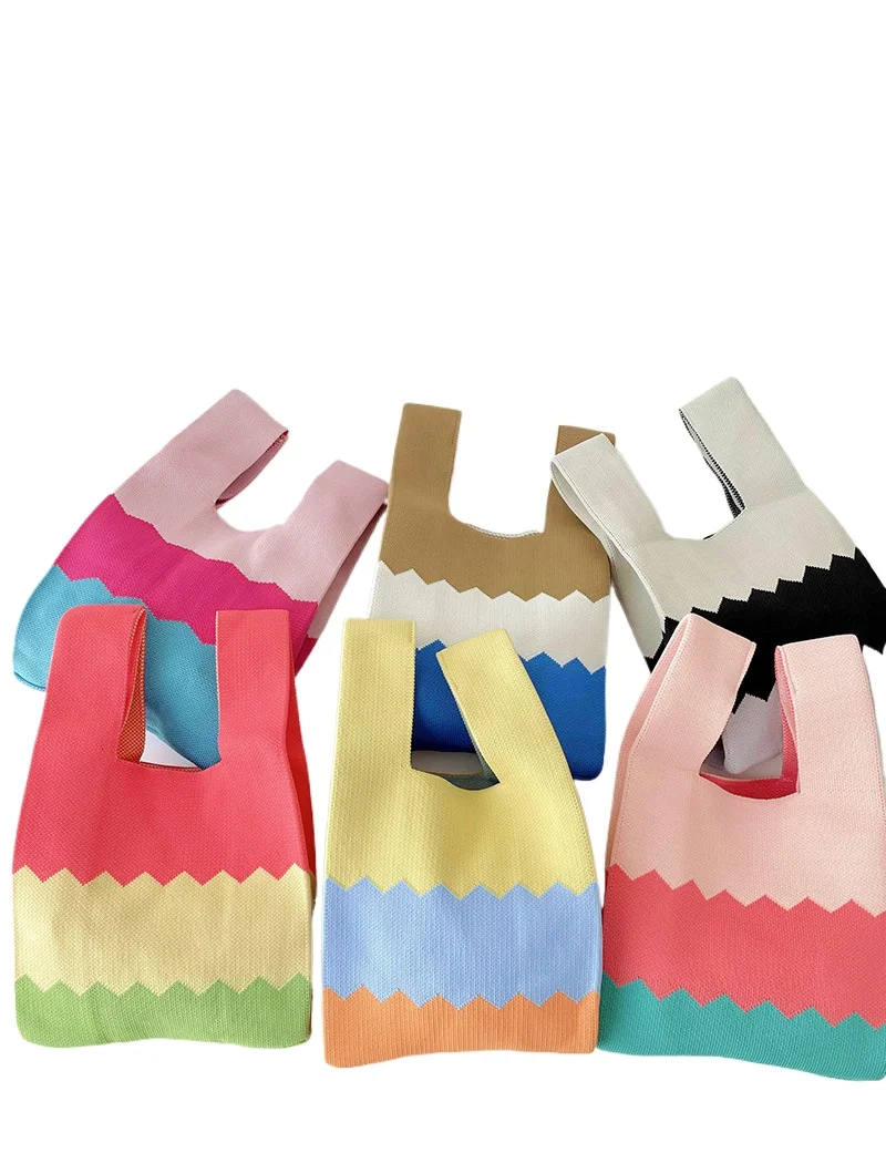 Portable Knitted Handbag Color-blocked Versatile Yarn Storage DIY Apparel Needlework Organization Weave Tote Bag