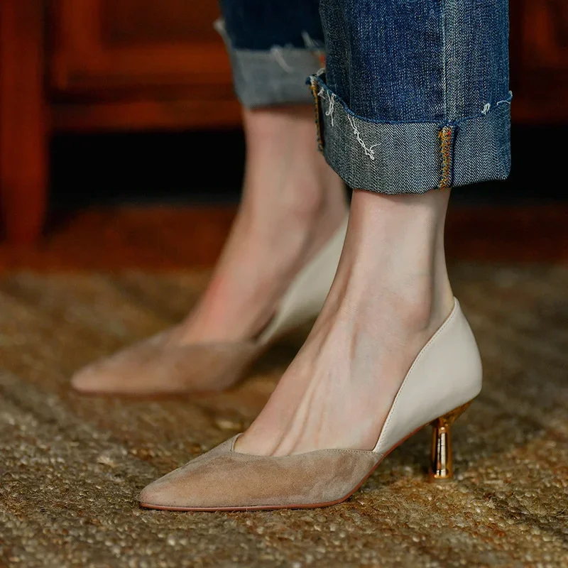 French High Heel Shoes Women's Spring Autumn 2023 New Slim Heel Pointed Mix Colors Work Pumps Retro Shallow Fashion Single Shoes