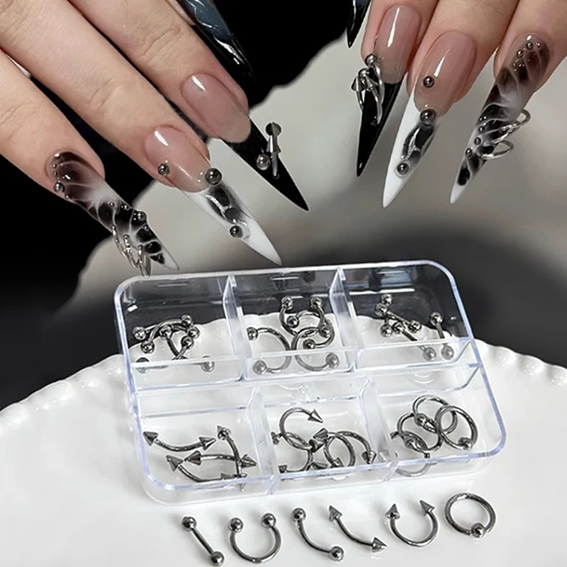 30 teile/schachtel 6 Grids Nagel Piercing Punk Charme Metall Legierung Durchbohrt Schwarz/Weiß Nagel Schmuck Dekor 3D Nagel Versorgung für Cool Girl – Detail 3