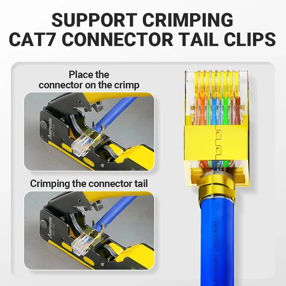 AMPCOM EZ 타입 네트워크 크림퍼 크림프 컷 LAN CAT8, 7, 6A, 6, 5E, STP, UTP, 테일 클립 포함, RJ45 TEL 모듈러 케이블, AM-718, RJ11, 12