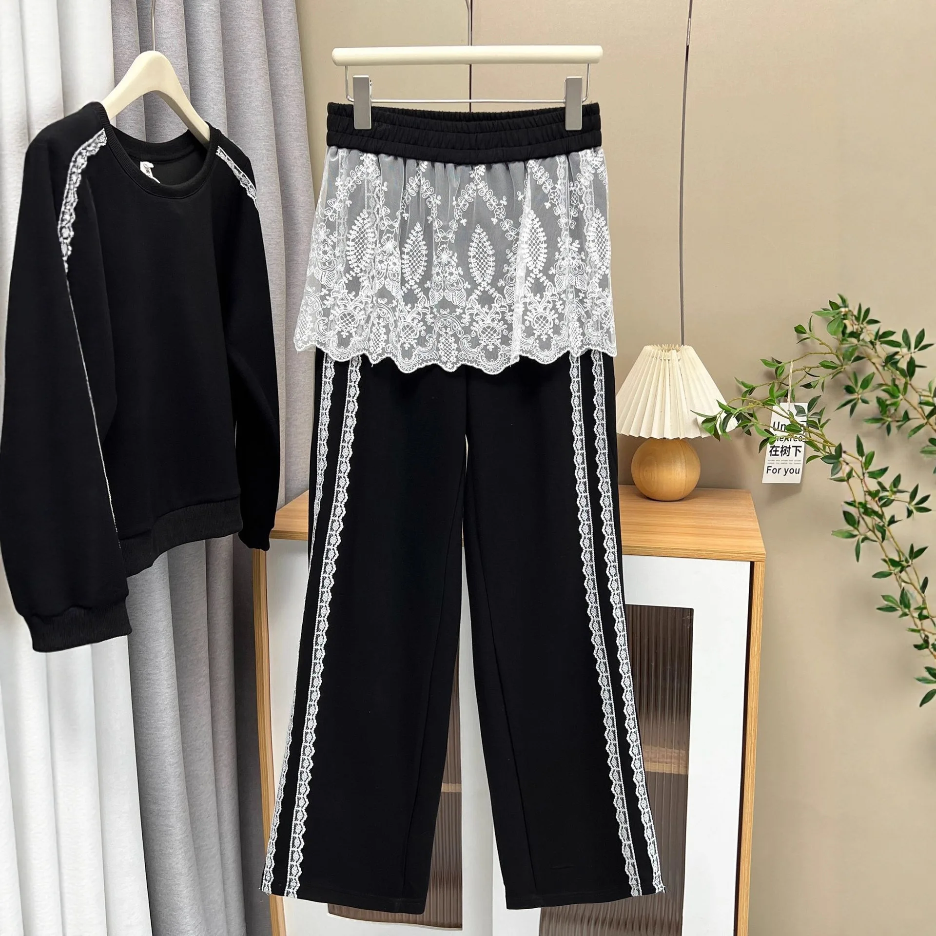 XXXXL Fashion Plus Size Women's Sets 2025 Autumn New Casual Lace Patchwork Hoodie And Straight Leg Long Pants Two Pieces Set