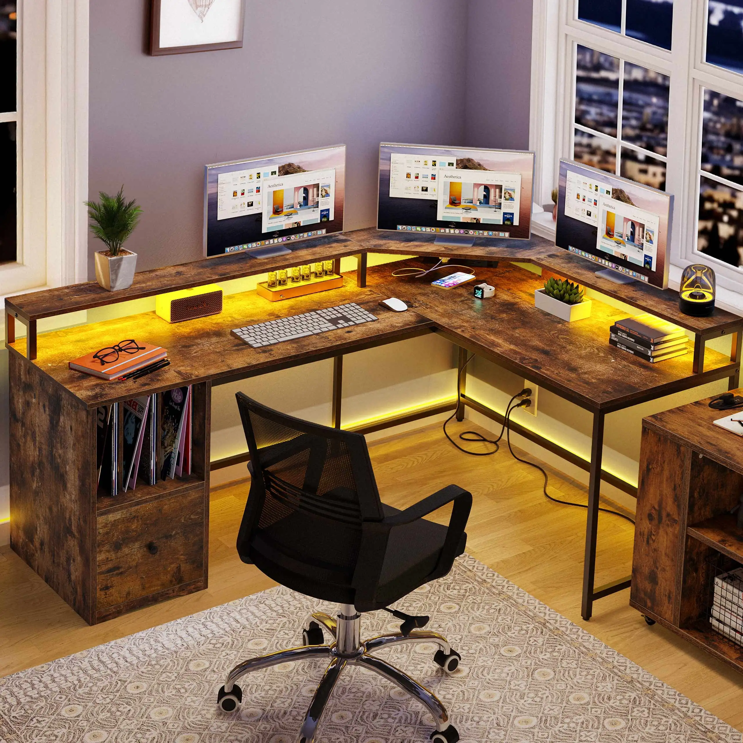 

67" L Shaped Computer Gaming Desk w/LED Light & Power Outlets Corner Office Desk w/ Storage Shelves & Monitor Stand Rustic Brown