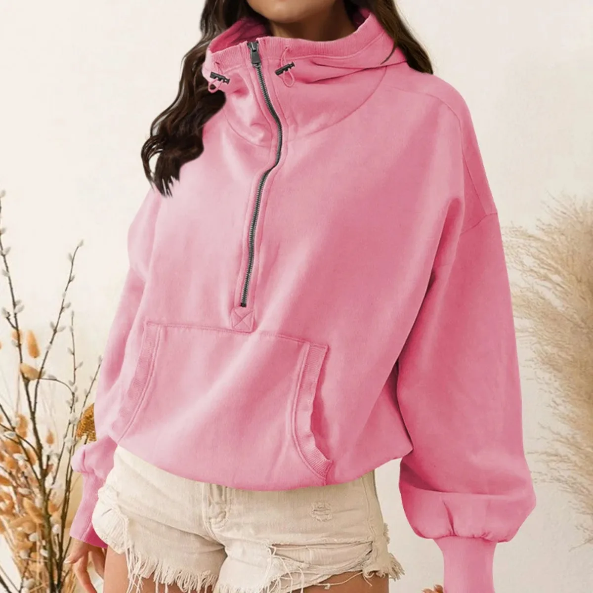 alo Women's Solid Hoodies Autumn Lazy Style Zip Up Loose Hoodie Fashion Sportswear Jogger Clothing Hooded Tops Casual Sweatshirt