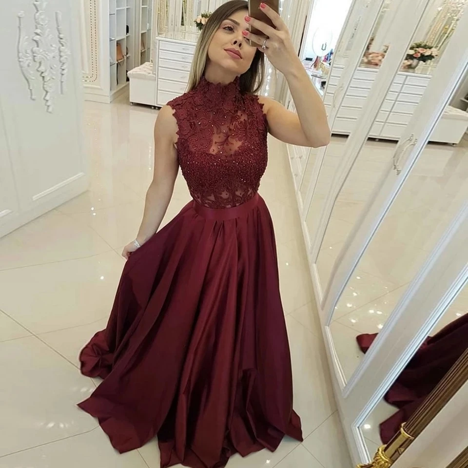 yellow prom dresses Burgundy High Neck Long Prom Dresses Sleeveless Lace Appliques Sequined Floor Length Elegant Satin Party Evening Gown For Women long prom dresses