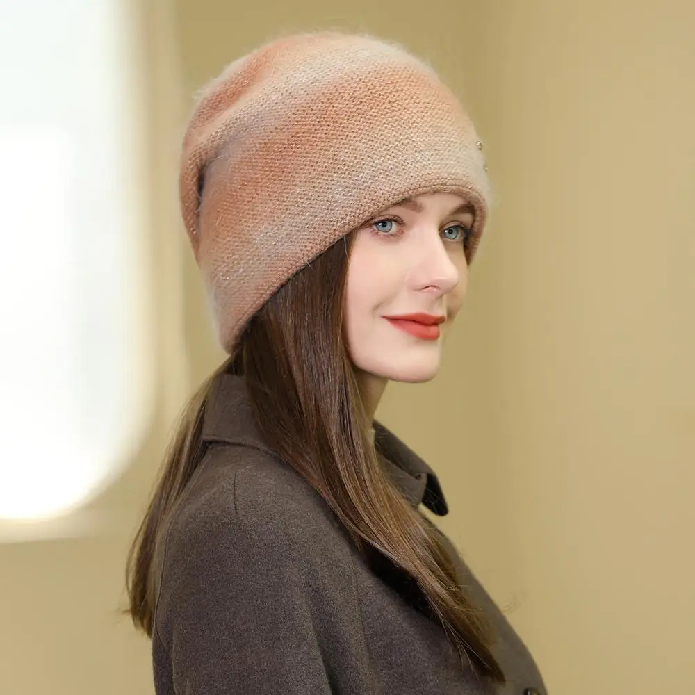 New Women Rabbit Fur Gradient Winter Hat Fashion Decorate Beanie Hat Warm Winter Cap For Female Casual Streetwear Knitted Hat