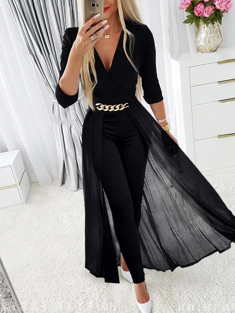 Elegant Jumpsuit Women 2023 New Spring Office Lady Fashion Marble Print Lace Chain Decor V-Neck Long Sleeve Long Jumpsuit Work