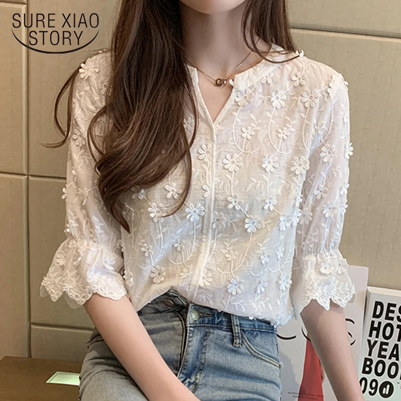 Camisa de manga corta con bordado estereoscópico para mujer, blusa blanca de algodón puro con flores, 2023|Blusas camisas| - AliExpress
