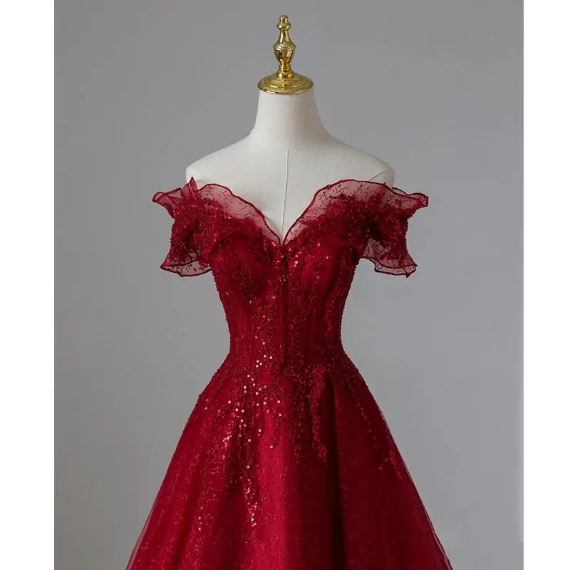 Wine off shoulder luxury long women princess banquet party ball prom dress performance gown