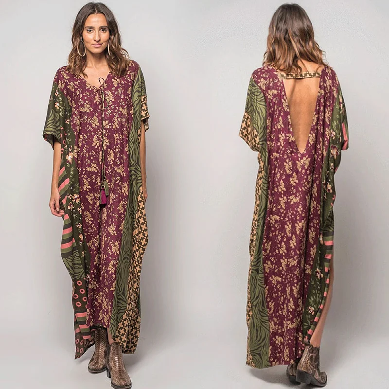 Sexy Bikini Cover-ups Deep V Neck Long Backless Printed  Casual Summer Beach Dress Elegant Women Clothes Beach Wear Swim Suit Co