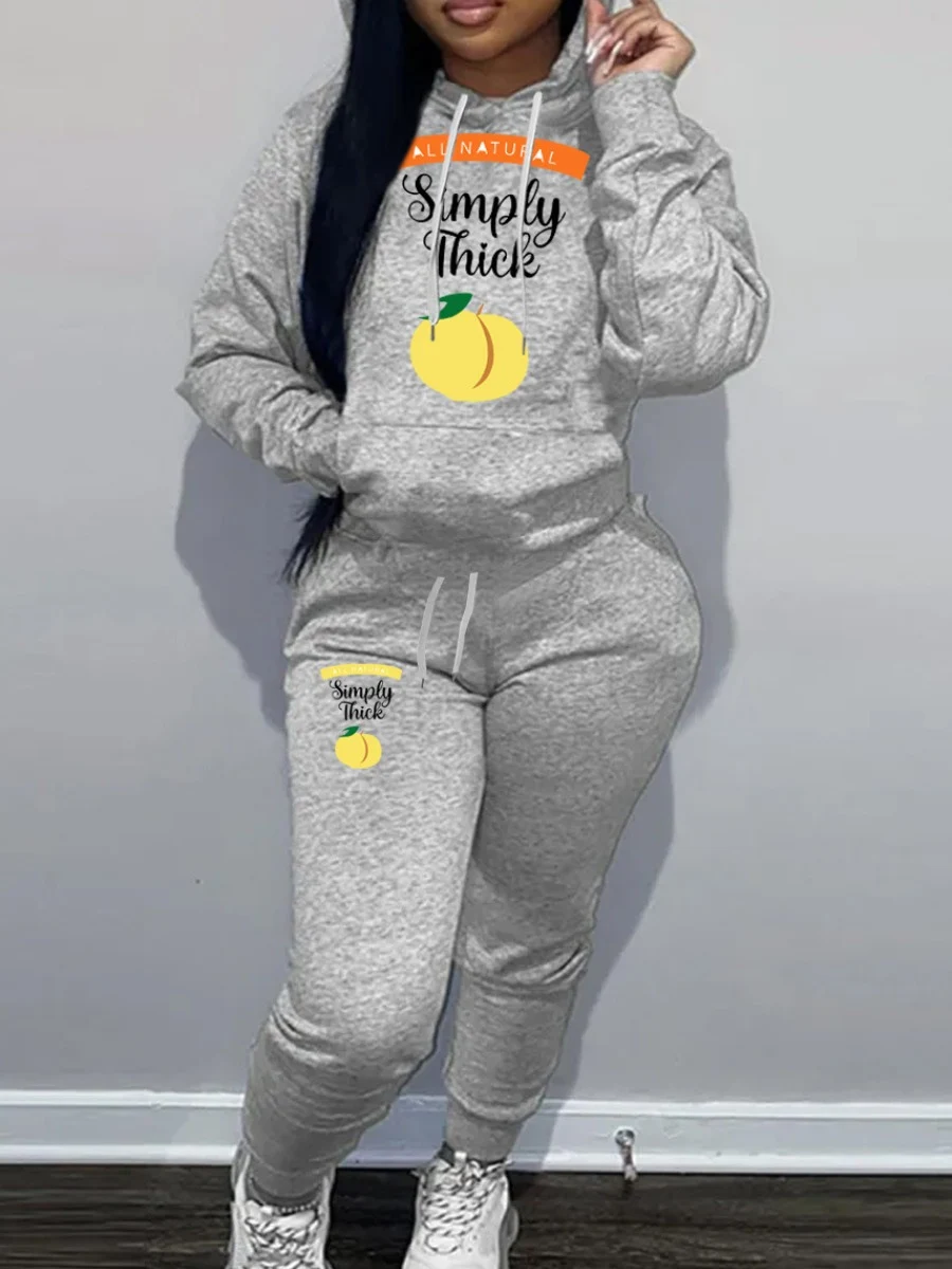 

LW Fruit Letter Print Kangaroo Pocket Tracksuit Set Casual Drawstring 2pcs Sweatersuits Hooded Long Sleeve Top&Sporty Trousers