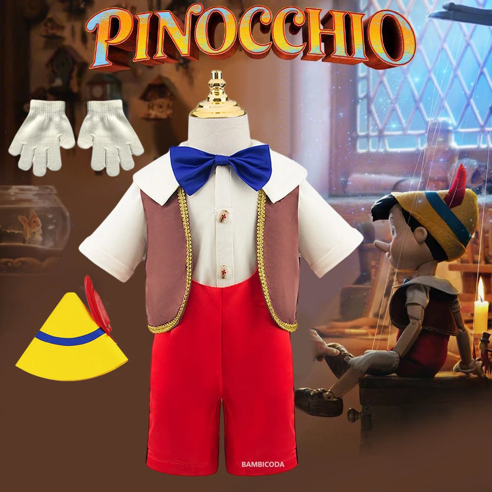 Boys Girls Pinocchio Cosplay Costume Halloween Funny Birthday Party Clothes Kids Character Puppet Hat and Gloves Clothing Set 1