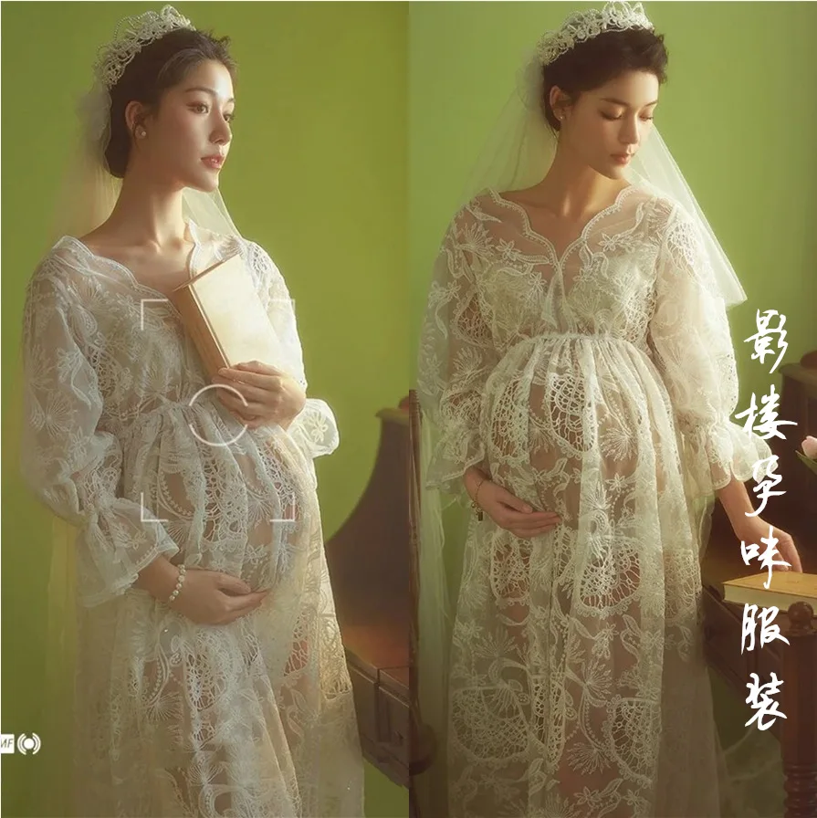 2024-retro-perspective-lace-pregnant-women's-photo-clothing-new-fairy-high-setting-gauze-pregnant-mother's-dress-retro-sweet