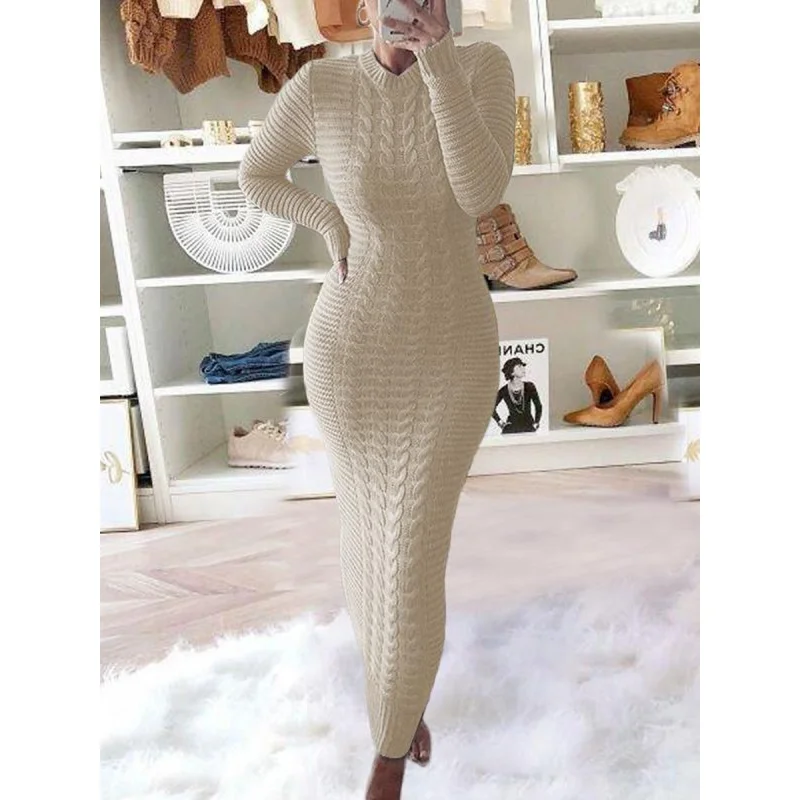 

Knitted Dresses Autumn Winter 2023 Maxi Casual Long Sleeve O Neck Twist Dress Elegant Slim Fit Solid Color Sweater Dress Ladies