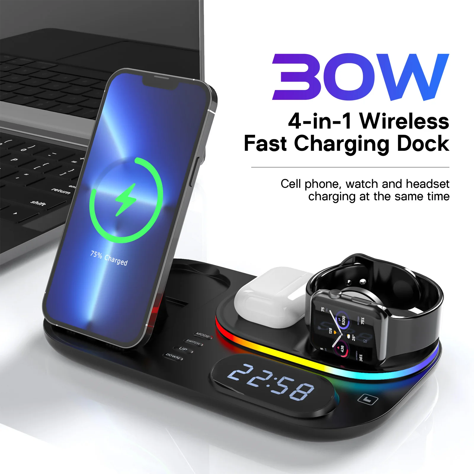 

4 in Phone Wireless Charging Dock 1 Station Magnetic Attraction Cell Stand 4-in-1 with Clock