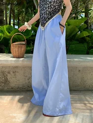 Blue Striped Wide Leg Pants for Women Spring Summer Vacation New Fashion High Waist Simple Casual Baggy Y2k Lovely Youth Mopping