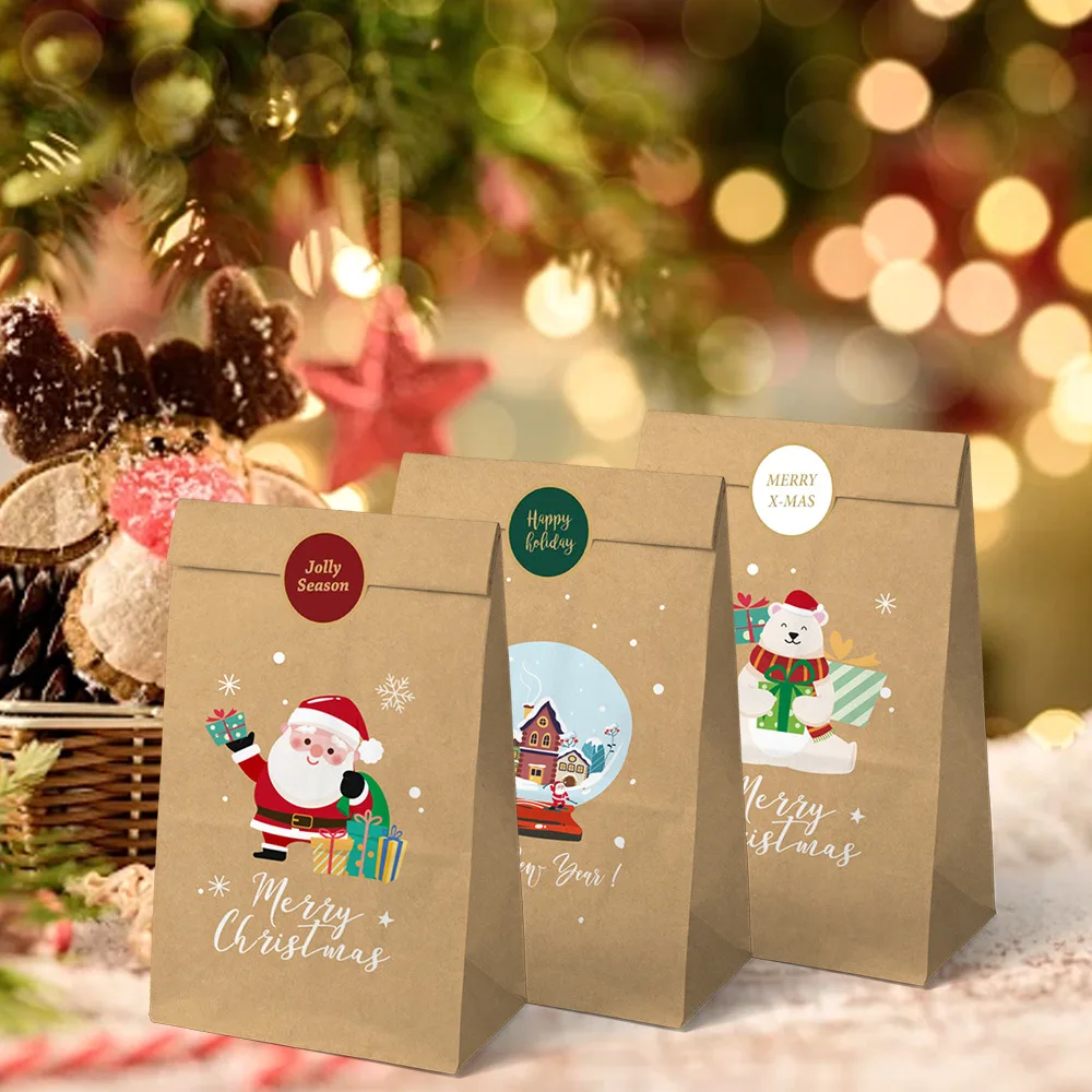 Christmas Gift Bag Holiday Party Candy Paper Bag Cookie Snack Gift Packaging Cheerful Snowman Elk Printed Pouch 12pcs