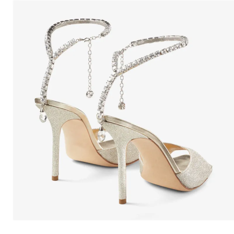 Summer Rhinestone Chains Ankle Strap Women High Hees Sandals Sexy