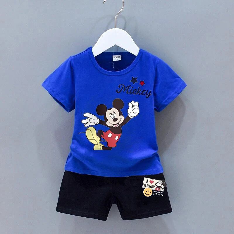 DISNEY Summer Children's Pullover Sets Mickey Print Boys Clothing Sets Breathable Thin Kids Tshirt And Shorts 2pcs Suit 2