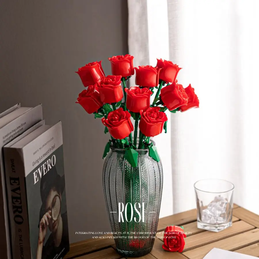 발렌타인 데이 장미 빌딩 블록, 영원한 꽃 번들 퍼즐 조립 빌딩 블록, 장난감 선물, 홈 데코