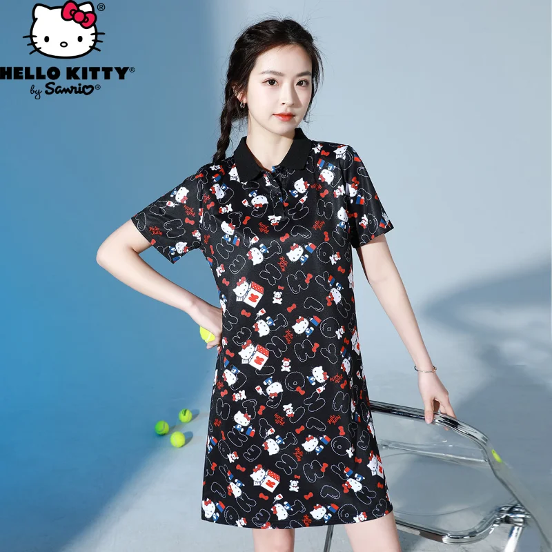

Sanrio Hello Kitty Dress Full Print Polo Neck Short Sleeve Waist-slimming Cartoon Anime Sweet Fresh Summer Women Commute Skirt