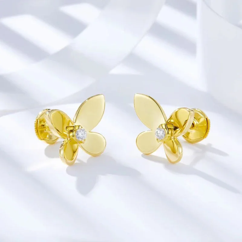 Yellow Gold Plated 925 Sterling Silver Moissanite Earrings For Women Butterfly Studs Round Cut 2.4mm D Color Trendy Jewelry