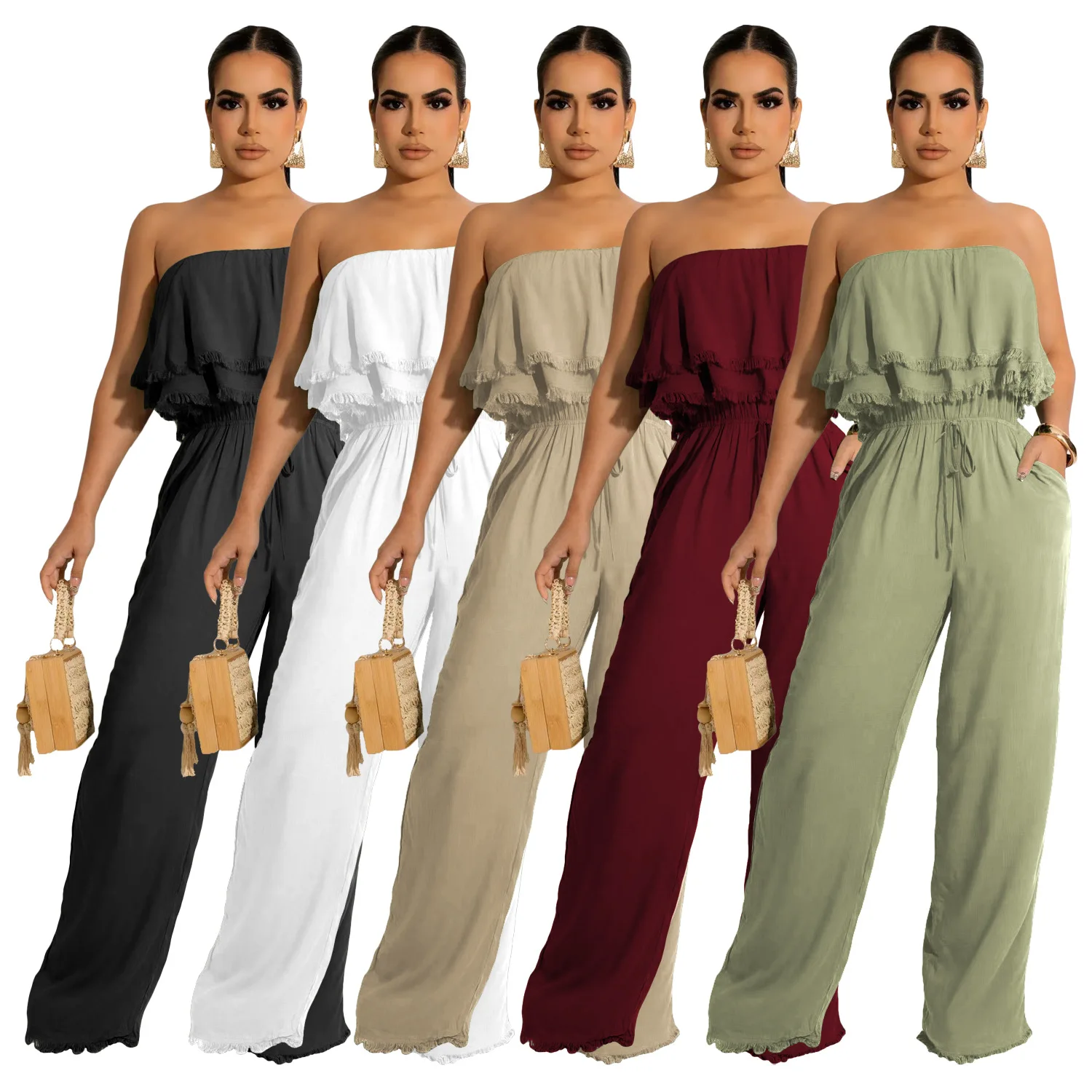 

Jumpsuit Women Solid Color Backless Wrap Chest Summer Ruffle Jumpsuit Women Casual Fashion Vacation Wide Leg Loose Jumpsuit
