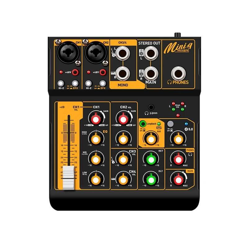 

Интерфейс Аудио микшера Mini4 DJ консоль Bluetooth 5,0 OTG ревербератор 48 В Звуковая карта для прямой трансляции ПК запись