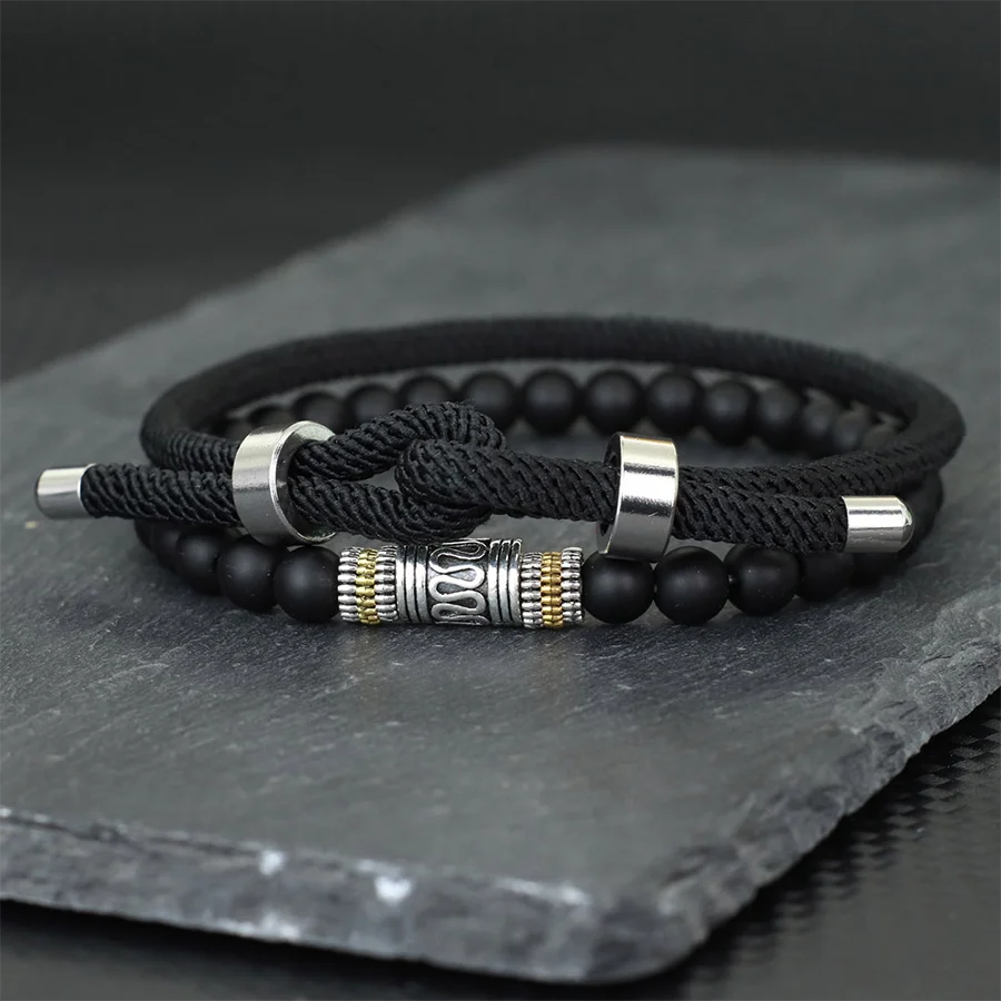 Men Bracelet Set 4mm Rope Charm Lava Onyx Stone Beaded Good Luck Red Cord