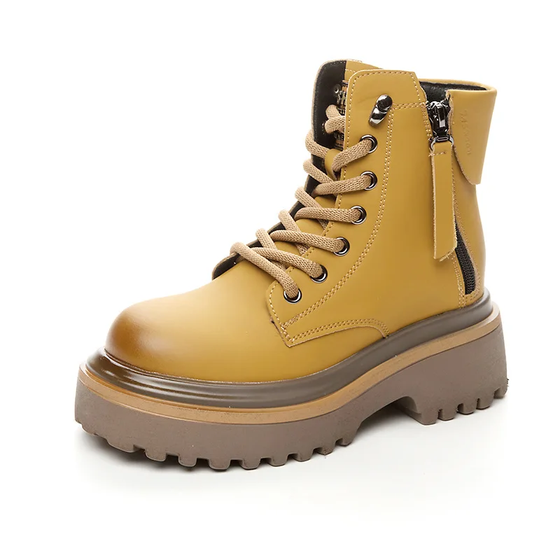 Womens Martin Boots Leather British Style Autumn and Winter Retro Thick Black Cowboy Boots Women Shoes