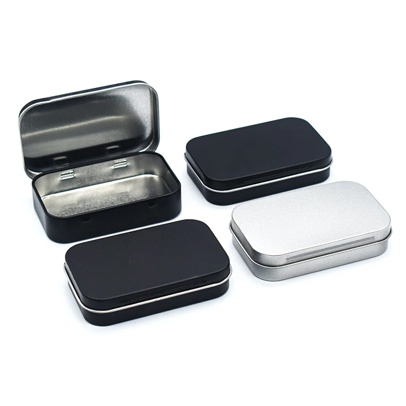 

Metal Rectangular Empty Mini Tin Box Tinplate Push Candy Pill Cases Bins Jar Hinged Containers Small Organizer Storage Box