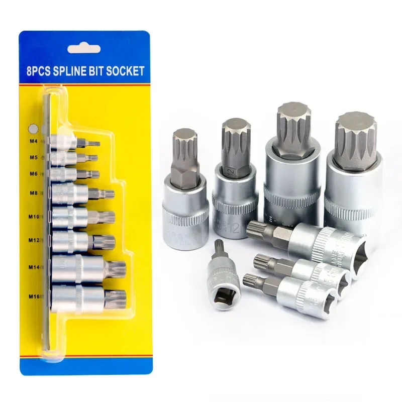 8PCS 1/4" 3/8" 1/2" 12 Point MM Triple Square Spline Bit Socket Set M4-M16 With Bracket For Torque Spanner Ratchet Socket Wrench