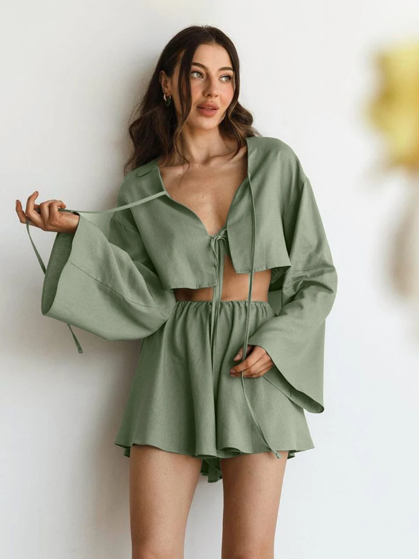 Marthaqiqi Causal Women Sleepwear Set V-Neck Pajama Long Sleeve Nightwear Crop Top Lace Up Nightgowns Shorts Ladies Pyjamas Suit