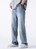 Spring Summer Men's Jeans Straight Denim Pants Elastic Waist Cotton Streetwear Male Wide Baggy Casual Blue Trousers 1