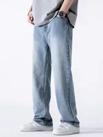 Spring Summer Men's Jeans Straight Denim Pants Elastic Waist Cotton Streetwear Male Wide Baggy Casual Blue Trousers 1