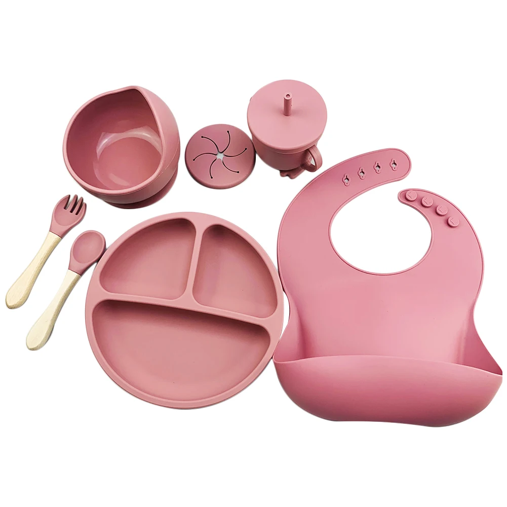 8Pcs Baby Silicone Plate Cup Spoon Set Baby Feeding Sucker Bowl Bib Fork Dishes BPA Free Food Grade Silicone Baby Tableware Set
