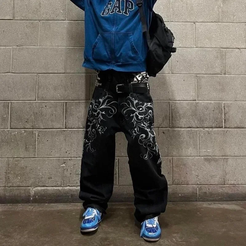 Y2k Street High Waist Gothic Skull Geometry Men Jeans American Retro Hip Hop Fashion Couple Straight Loose Pants 3